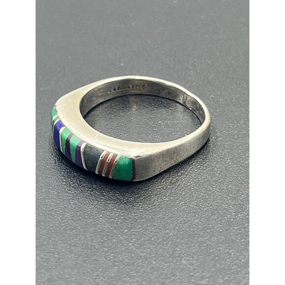 Vintage Zuni Style Sterling Multi-Stone Inlay Turquoise Lapis Malachite Ring 6 - Picture 10 of 10